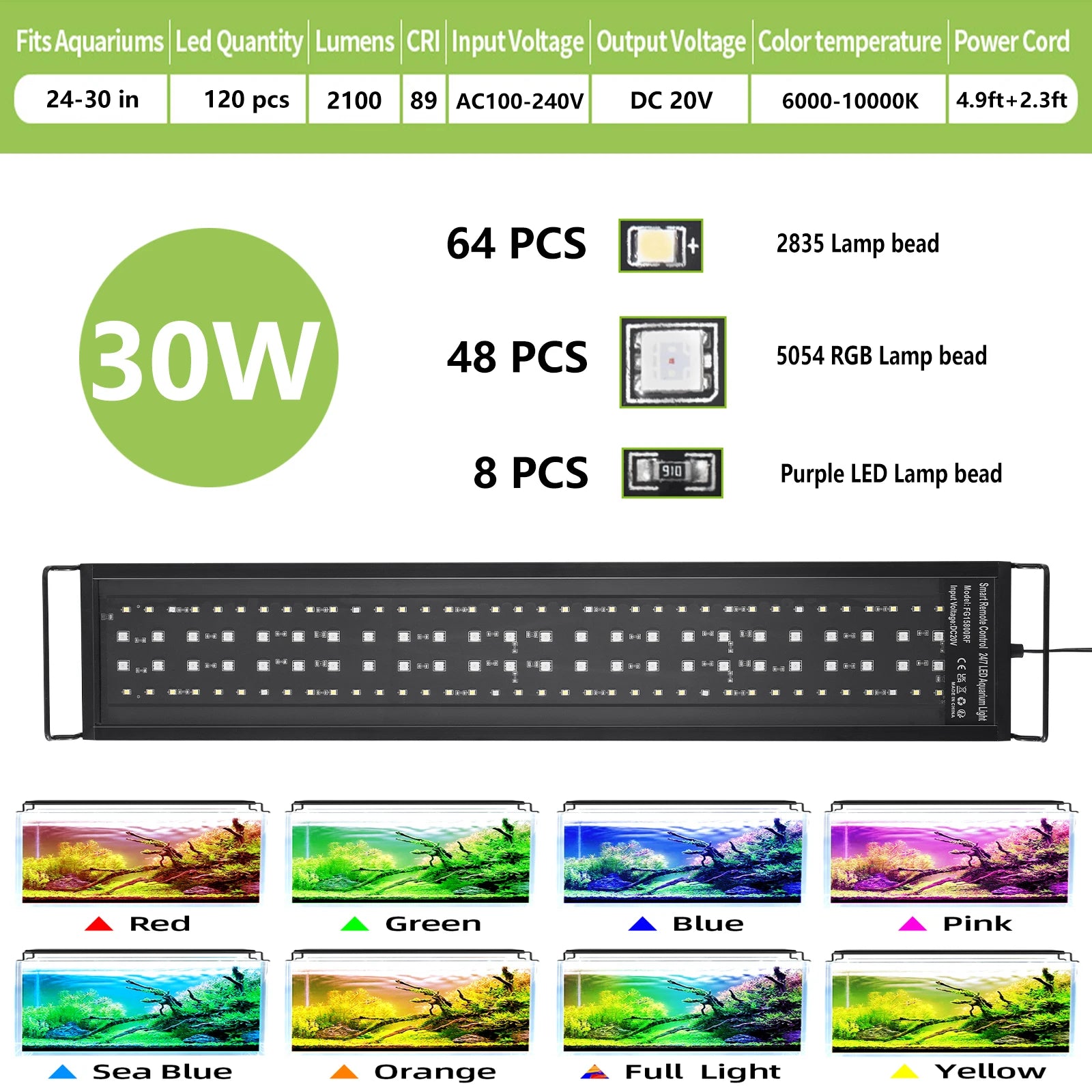 30-60cm Aquarium Full Spectrum with Remote Control LED Light Fish Tank DIY Color Brightness Weather Mode Plant Grow Light IP68